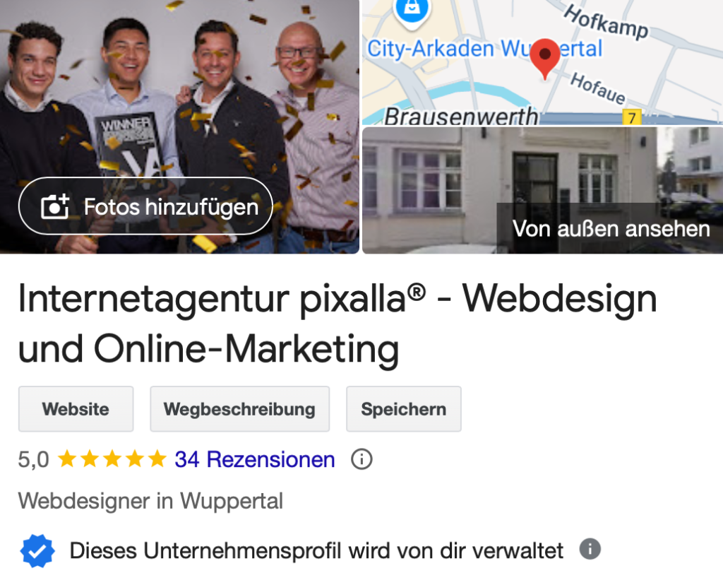 Google My Business Dashboard – Lokale Optimierung durch die Werbeagentur pixalla für Online Marketing und Webdesign