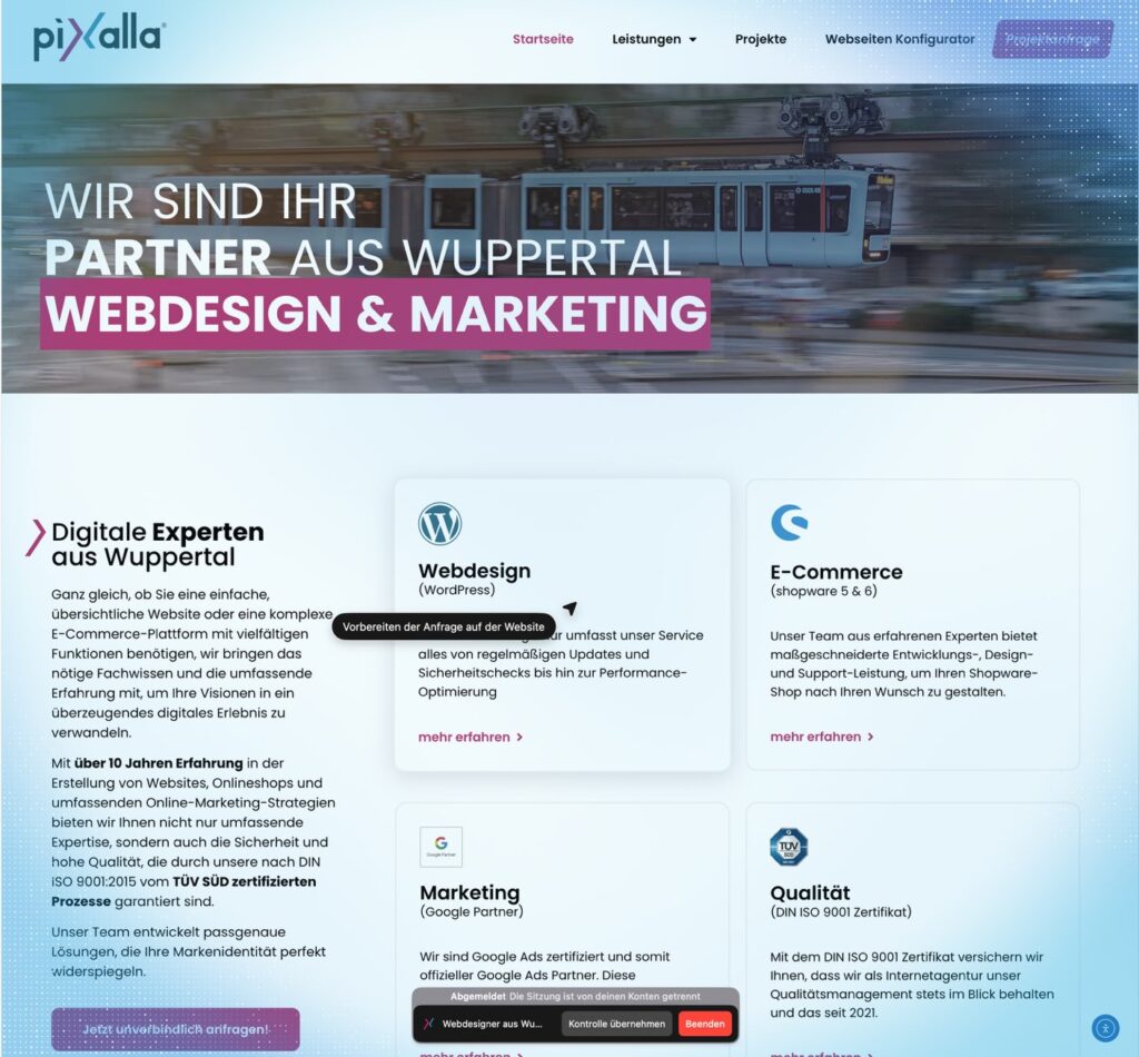 Screenshot: Die Website von pixalla im KI-Browser ChatGPT Atlas mit eingeblendetem Agenten-Modus