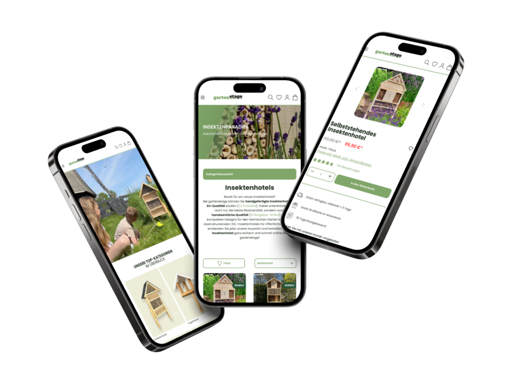 Onlineshop von Gartenetage mit Insektenhotels auf drei Smartphones