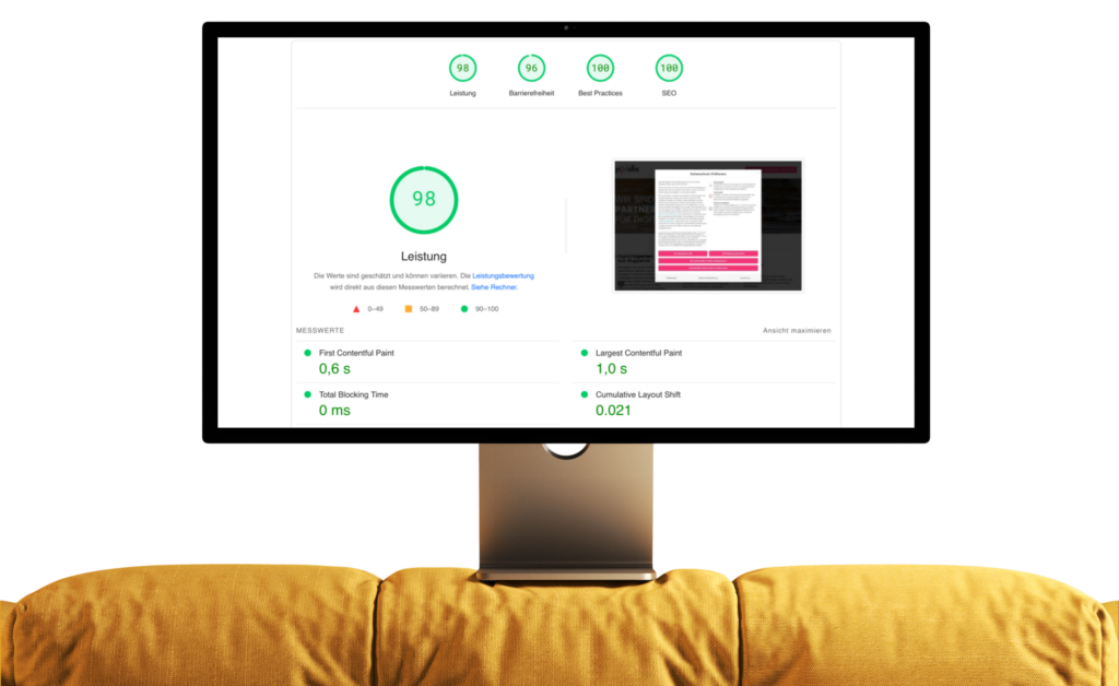 Monitor mit einem PageSpeed-Bericht: Leistung 98 von 100